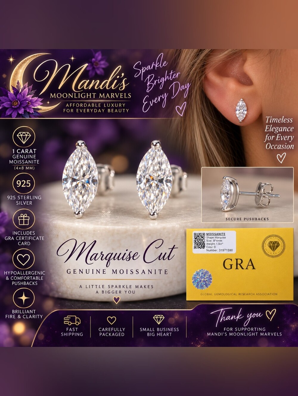 925 Sterling Silver Marquise Cut Genuine Moissanite Stud Earrings in  White